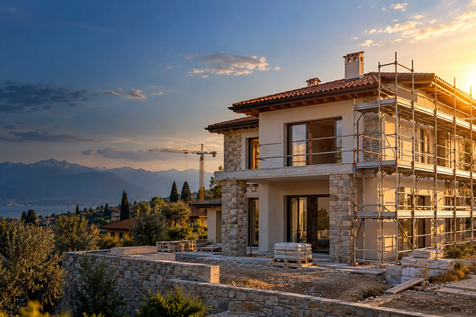 Cantiere residenziale con ponteggi al tramonto, immagine illustrativa